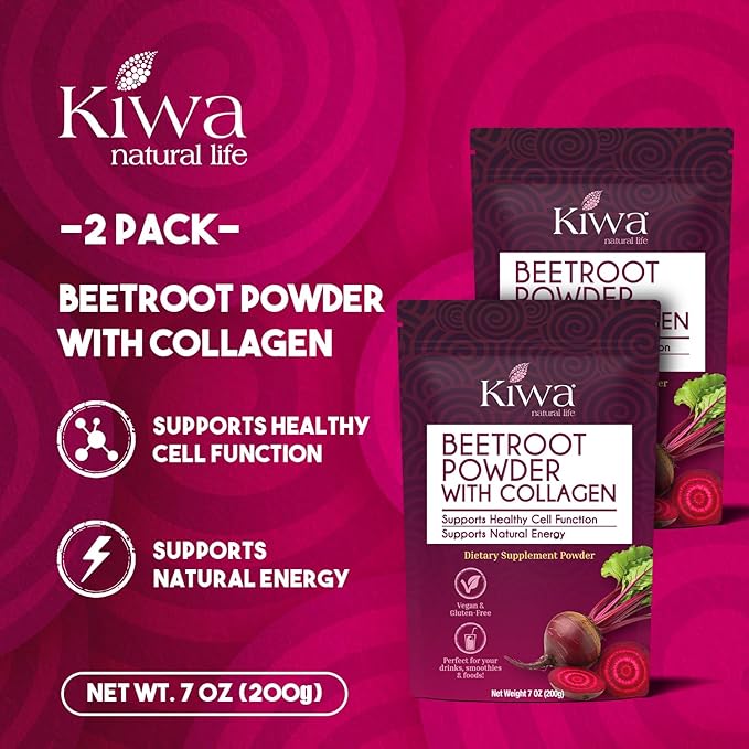 Kiwa Beetroot Powder with Collagen 2-Pack – Vegan, Gluten-Free Dietary Supplement – Supports Natural Energy & Healthy Cell Function – 7oz Bags