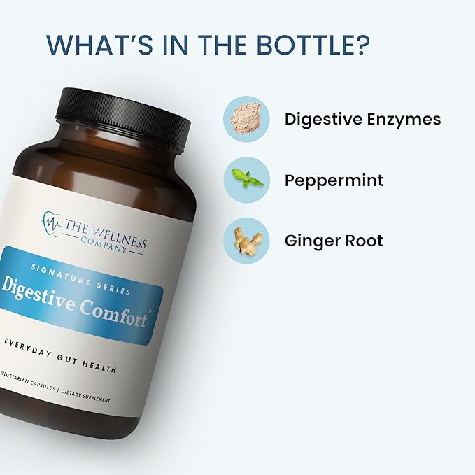 The Wellness Company Digestive Comfort - Bloat & Gas Relief, Anti-Heart Burn, IBS, Fast Acting, Gut Health - 5 Enzymes, Peppermint & Ginger Root | 60ct (1 Month Supply)