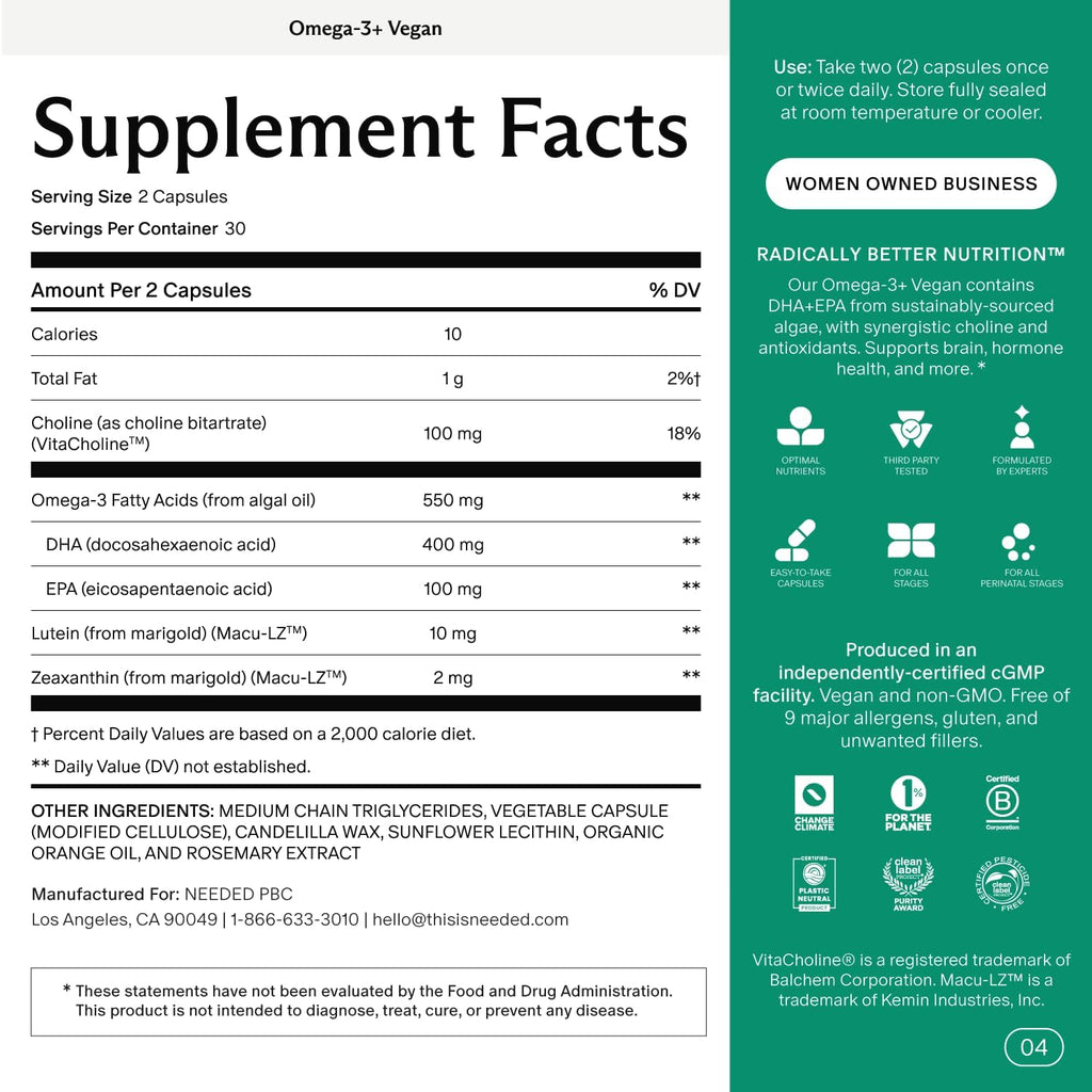 Needed. Prenatal Omega-3 - High Potency Dose of Sustainably Sourced Fish Oil, Bergamot Flavor, 1000mg DHA, 1000mg EPA, Encased in a Gelatin-Free, Plant-Based Softgel Shell, 30-Day Supply