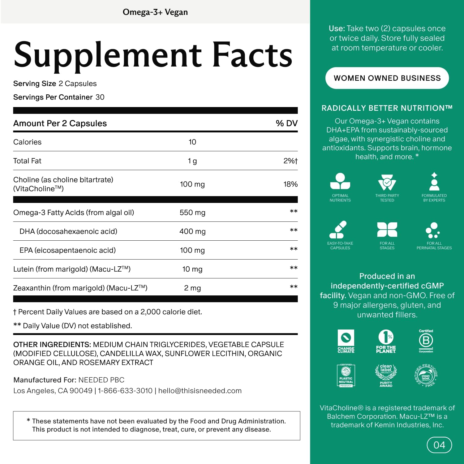 Needed. Prenatal Omega-3 - High Potency Dose of Sustainably Sourced Fish Oil, Bergamot Flavor, 1000mg DHA, 1000mg EPA, Encased in a Gelatin-Free, Plant-Based Softgel Shell, 30-Day Supply