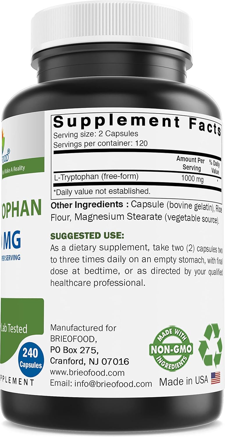 Brieofood L-Tryptophan 1000mg per Serving - 240 Capsules - Supports Poisitive Mood & Relaxation