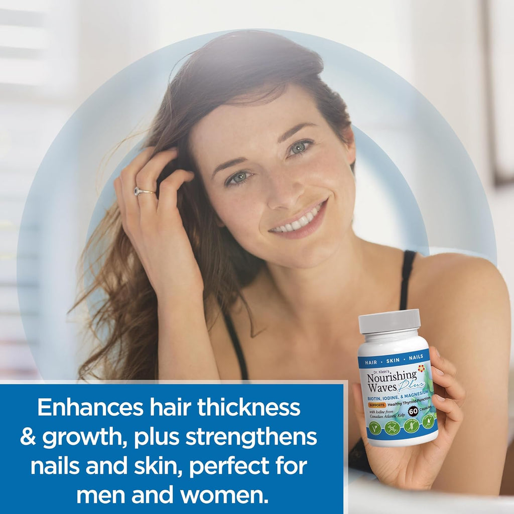 Nourishing Waves Plus - Thyroid Support Supplement with Kelp, Iodine, Selenium & Biotin - Vitamin B Complex (B1, B3, B6) for Healthy Hair, Skin & Nails for Men & Women, Prevent Hair Loss - 60 Capsules
