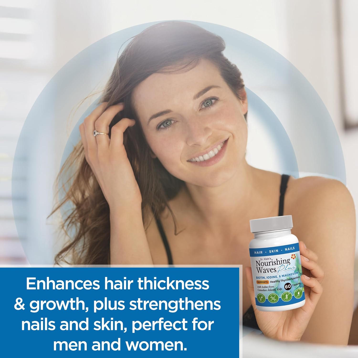 Nourishing Waves Plus - Thyroid Support Supplement with Kelp, Iodine, Selenium & Biotin - Vitamin B Complex (B1, B3, B6) for Healthy Hair, Skin & Nails for Men & Women, Prevent Hair Loss - 60 Capsules