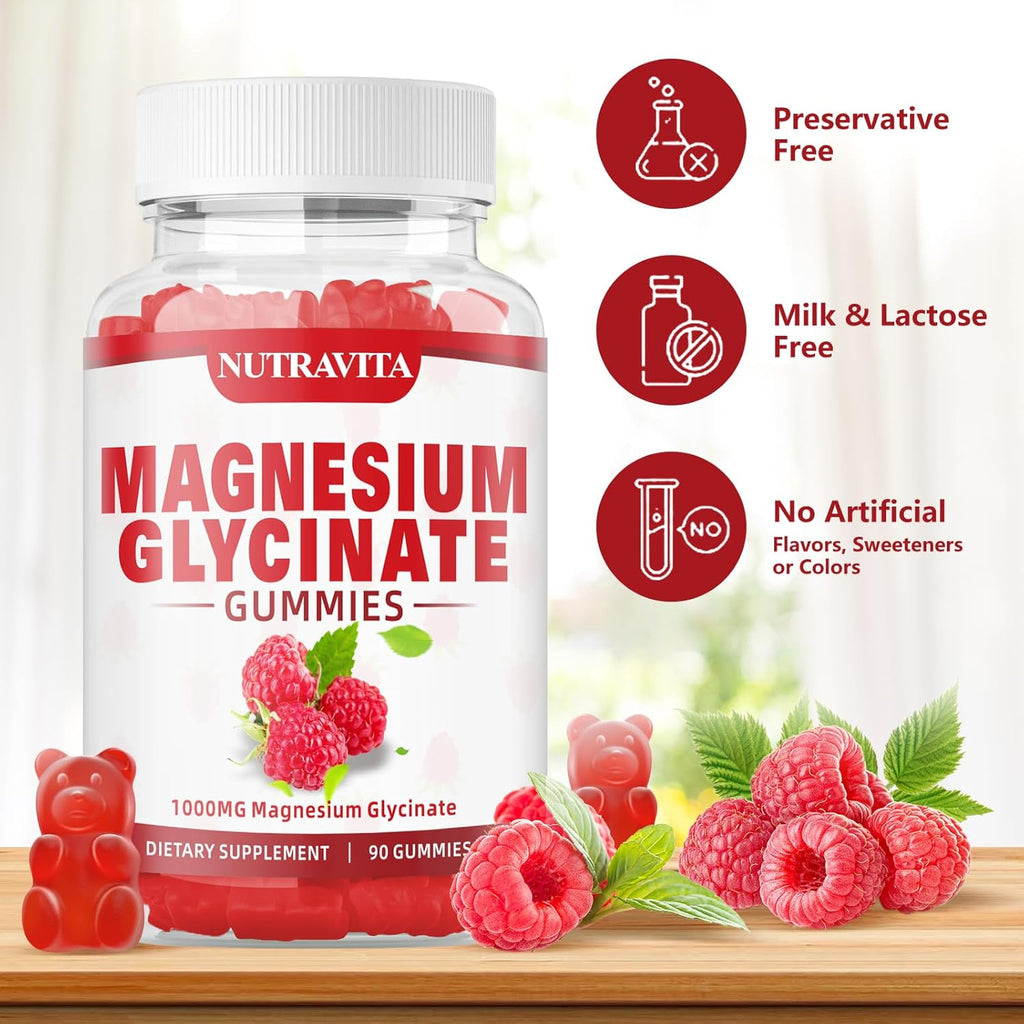 Magnesium Glycinate Gummies 1000mg with Magnesium L-Threonate,Chelated Magnesium Potassium Complex Supplement with VitD, B6, CoQ10, Calcium,Supports for Memory, Calm, Mood - 180 Gummies Raspberry