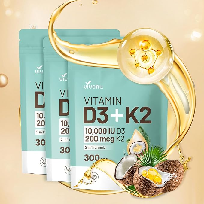 Vitamin D3 10000 iu Plus K2 (MK-7) 200 mcg, 300 Coconut Oil Softgels| 2 in 1 VIT D & K Complex | Supports Calcium Absorption, Bone, Immune, & Heart Health – Easy to Swallow (900 Softgels /3 Bag)
