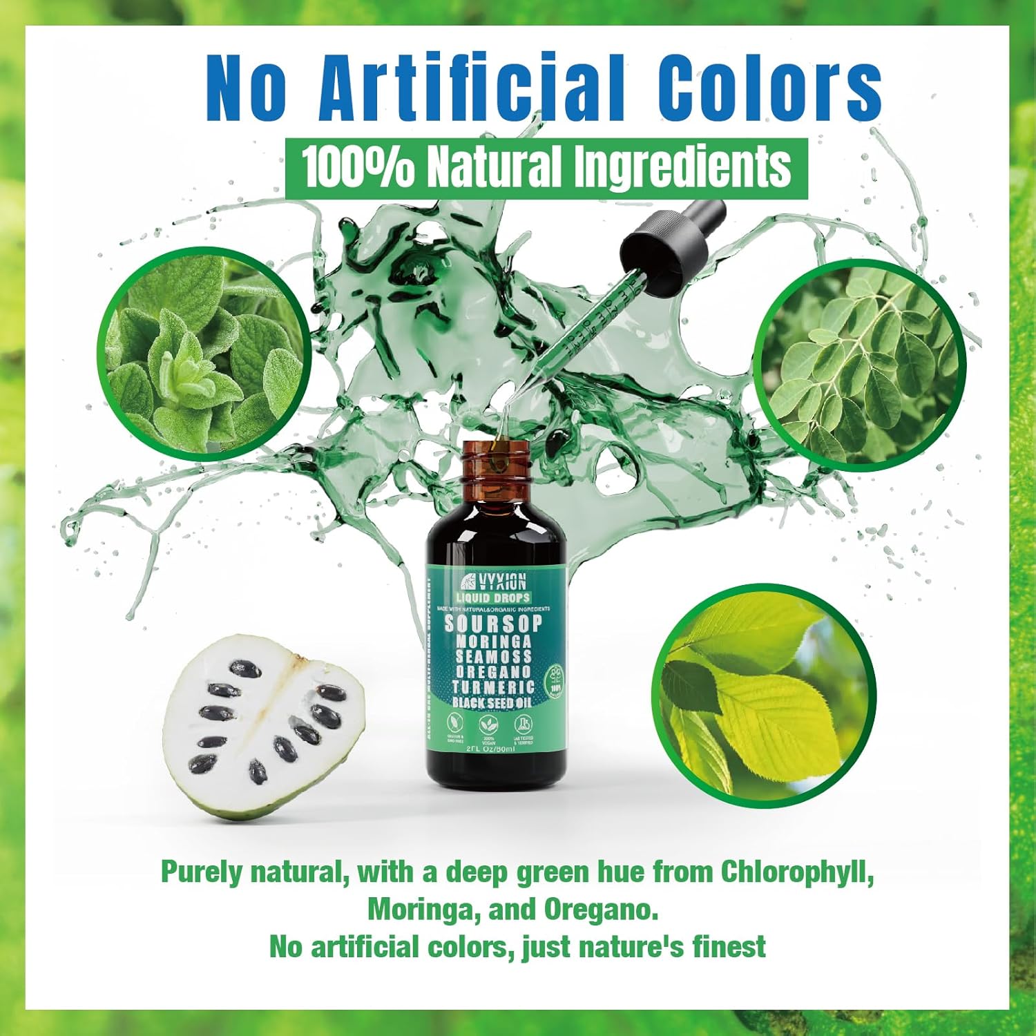 Soursop Pure Liquid Drops 10 in 1 with Sea Moss, Moringa, Turmeric, Black Seed Oil, Oregano, Ashwagandha | Herbal extracts for Overall Health-Enhancing | Vegan, Non-GMO | 4 Fl Oz