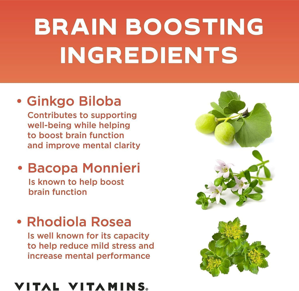 Vital Vitamins Brain Supplements for Memory and Focus (2-Pack)– Nootropic Brain Booster with Ginkgo Biloba, Rhodiola, B12 – Caffeine-Free Support for Adults & Seniors – 60-Day Supply