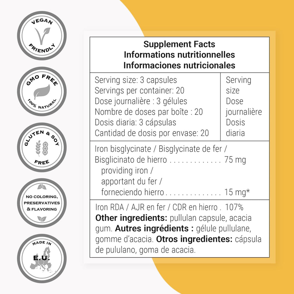 SuperSmart - Iron Bisglycinate 75mg per Day (High Absorption) - Gentle Iron Bisglycinate Supplement - No Side Effects | Non-GMO & Gluten Free - 60 Vegetarian Capsules