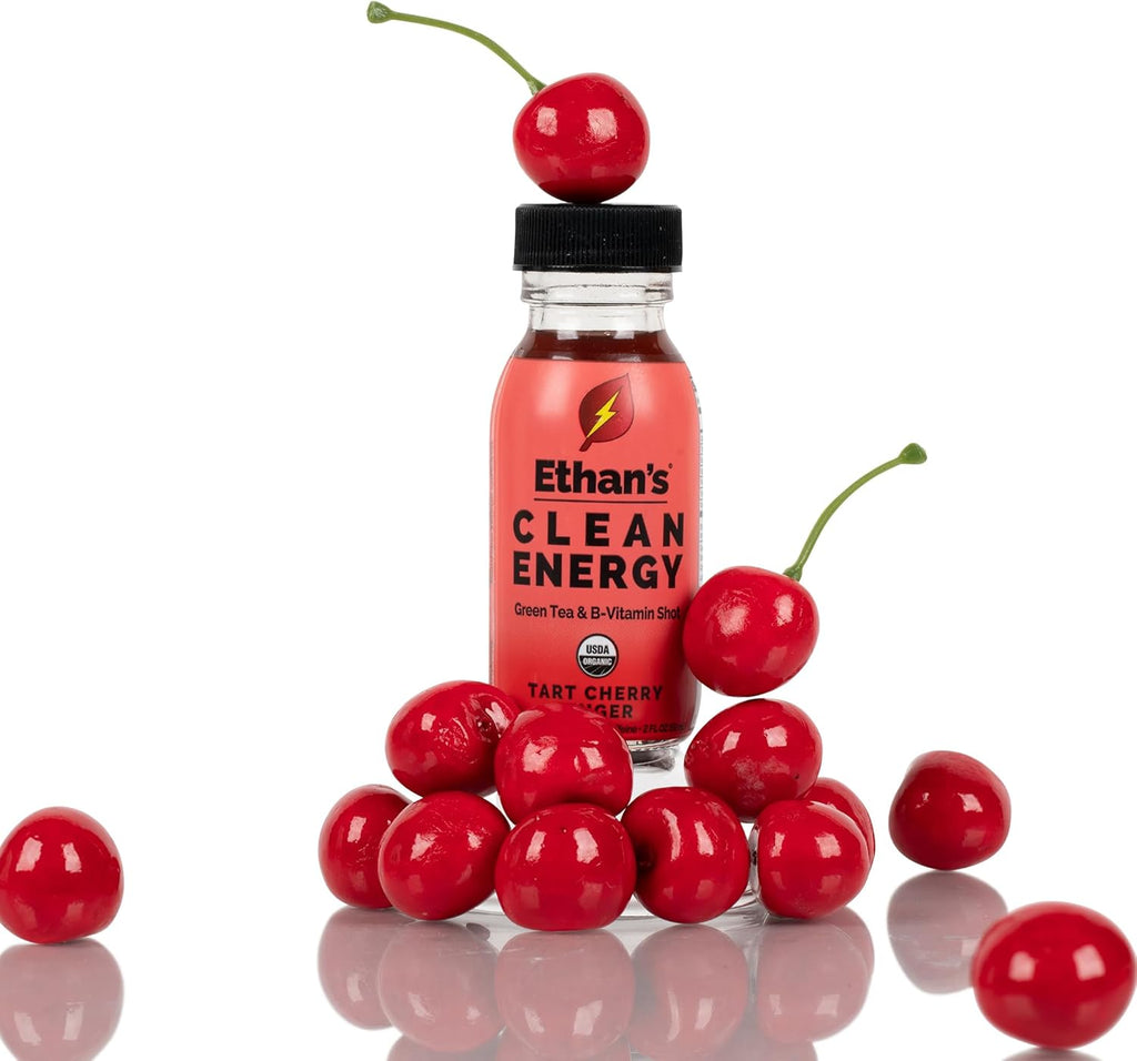 Ethan's Organic Clean Energy Shots Tart Cherry, Sugar Free Natural Pre-Workout Focus Boost, Gluten Free, Vegan, B6 & B12 Vitamin C with Green Tea Extract and Guayusa (2 Pack of 2oz Shots)