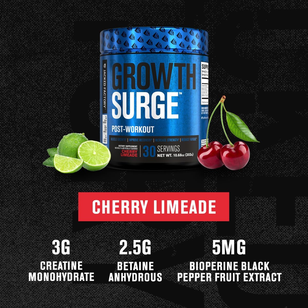 Jacked Factory Growth Surge Creatine Post Workout w/L-Carnitine - Daily Muscle Builder & Recovery Supplement with Creatine Monohydrate, Betaine, L-Carnitine L-Tartrate - 30 Servings, Cherry Limeade