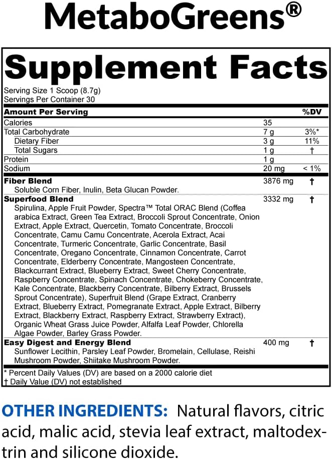 BioTrust Metabo Greens Superfood Powder - Super Greens Powder, Fruit & Veggie Blend with Clinically Studied Spectra - Non GMO, Soy Free, Gluten Free, Dairy Free, Energizing Berry Flavor (30 Servings)