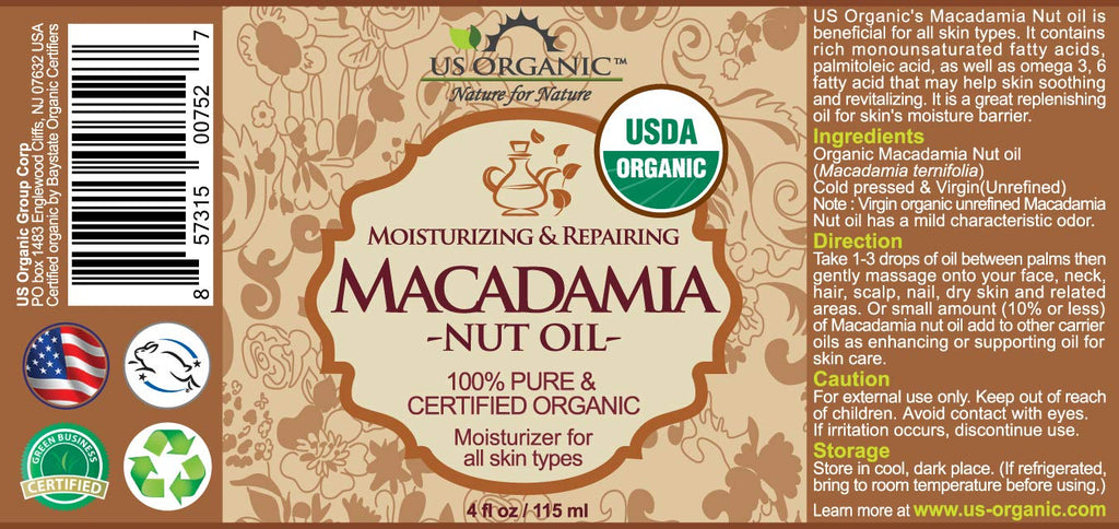 US Organic Macadamia Nut Oil Unrefined Virgin, Certified Organic, Pure & Natural, Cold Pressed, Sourced in Kenya, in Amber Glass Bottle w/Glass Eye dropper for Easy Application (4 oz (Large))