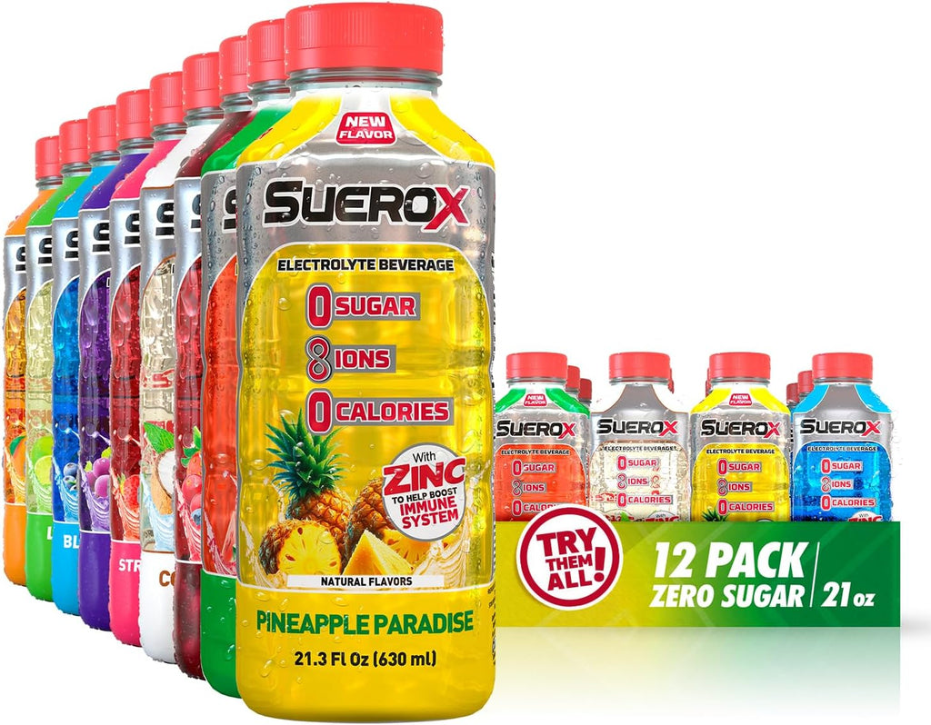SueroX Sugar-Free Sports Drink for Hydration and Recovery, Electrolyte Hydration Drink with 8 Ions, Zero Calorie Sports Drinks with Electrolytes, Supreme Pack, 21.3 Fl Oz, 12 Count