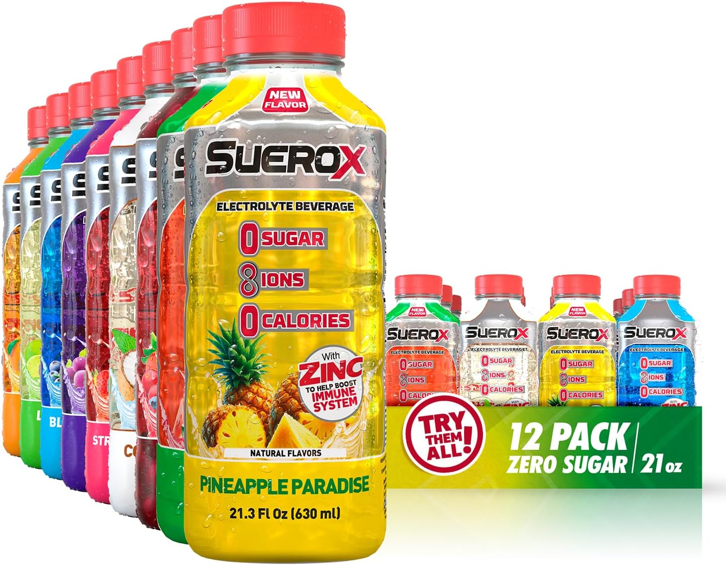 SueroX Sugar-Free Sports Drink for Hydration and Recovery, Electrolyte Hydration Drink with 8 Ions, Zero Calorie Sports Drinks with Electrolytes, Supreme Pack, 21.3 Fl Oz, 12 Count