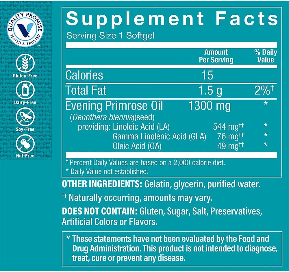 The Vitamin Shoppe Evening Primrose Oil 1,300MG, Natural Source of GLA (Gammia Linolenic Acid), Supplement for Women's Health & Hormonal Balance (120 Softgels)