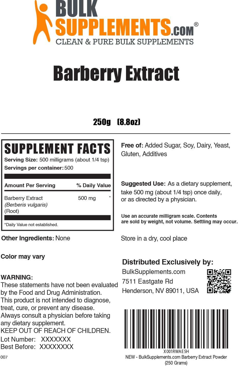 BulkSupplements.com Barberry Extract Powder - Barberry Sypplement, Herbal Supplement - Vegan & Gluten Free, 500mg per Serving, 250g (8.8 oz) (Pack of 1)