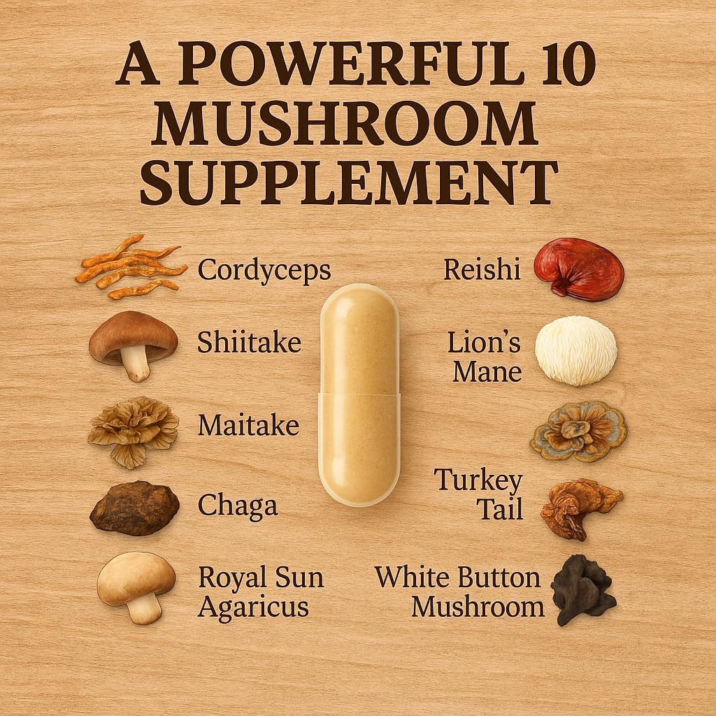 Me First Living Mushroom Complex Supplement 10 in 1 with Lions Mane, Cordyceps, Turkey Tail, Reishi, and More. High Strength Nootropic Brain Supplements for Memory & Focus - Lions Mane Supplement