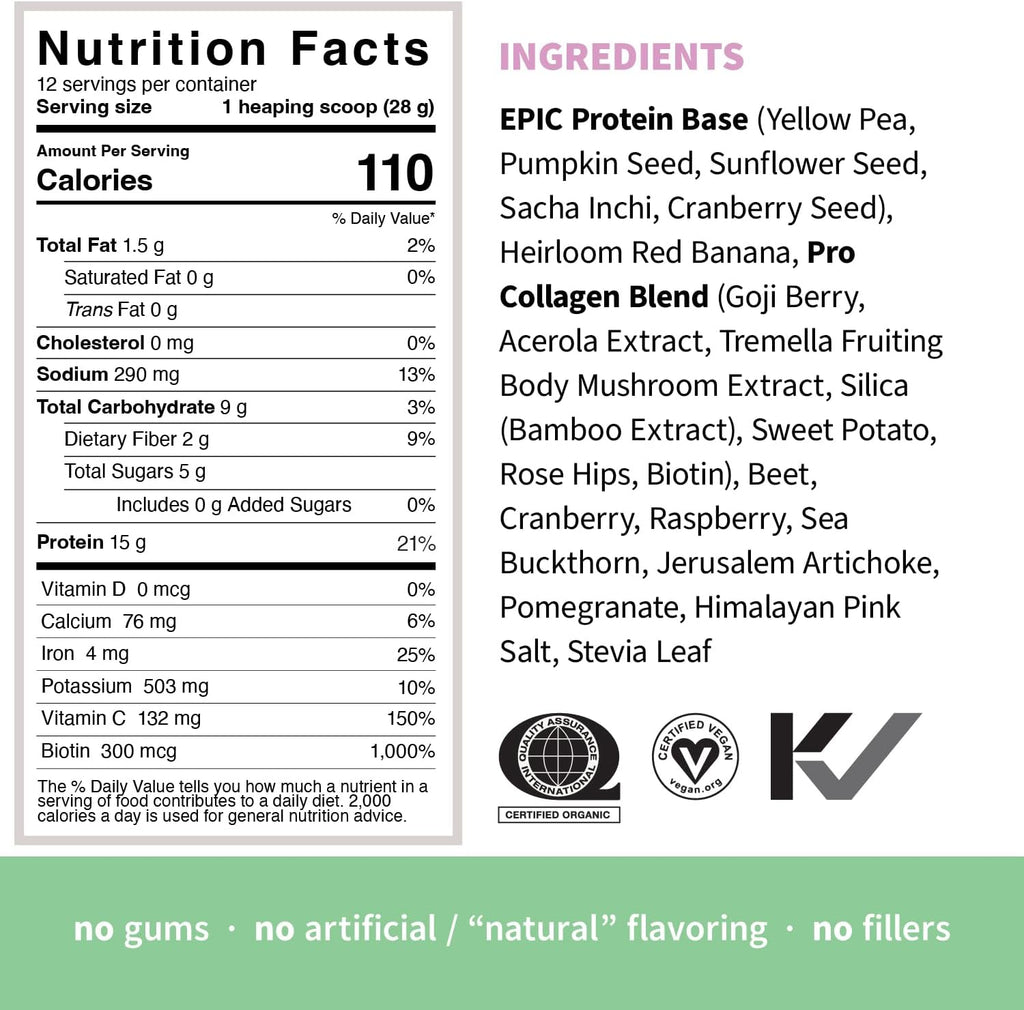 Sprout Living Epic Protein, Plant Based Protein & Superfoods Powder, Pro Collagen, Berry | 15 Grams Organic Protein Powder, Vegan, Non Dairy, Non-GMO, Gluten Free, Low Sugar (0.7 Pound, 12 Servings)