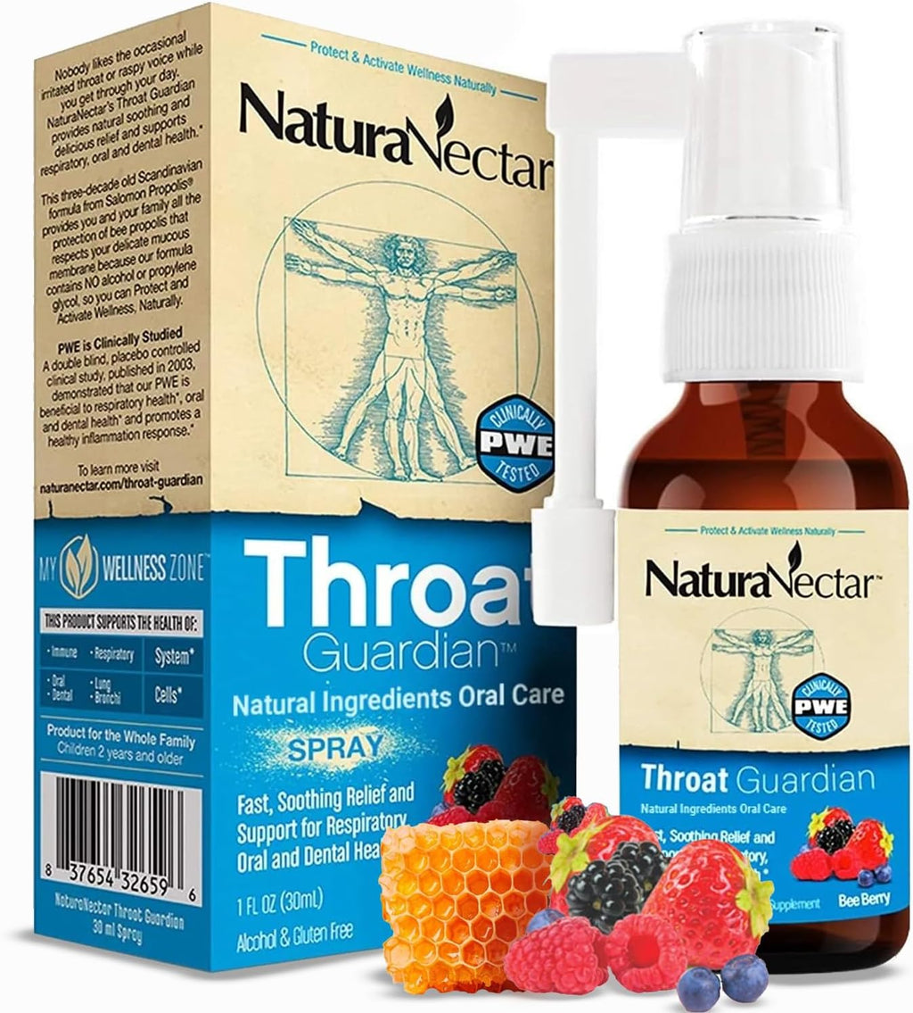 NaturaNectar - Bee Propolis Throat Spray - Unique Throat Relief and Wellness Agent - Brazilian Bee Propolis Throat Guardian Spray - Ethical Beekeeping - Honey Bee Berry Flavor (1-Pack, 1.06 Fl Oz.)