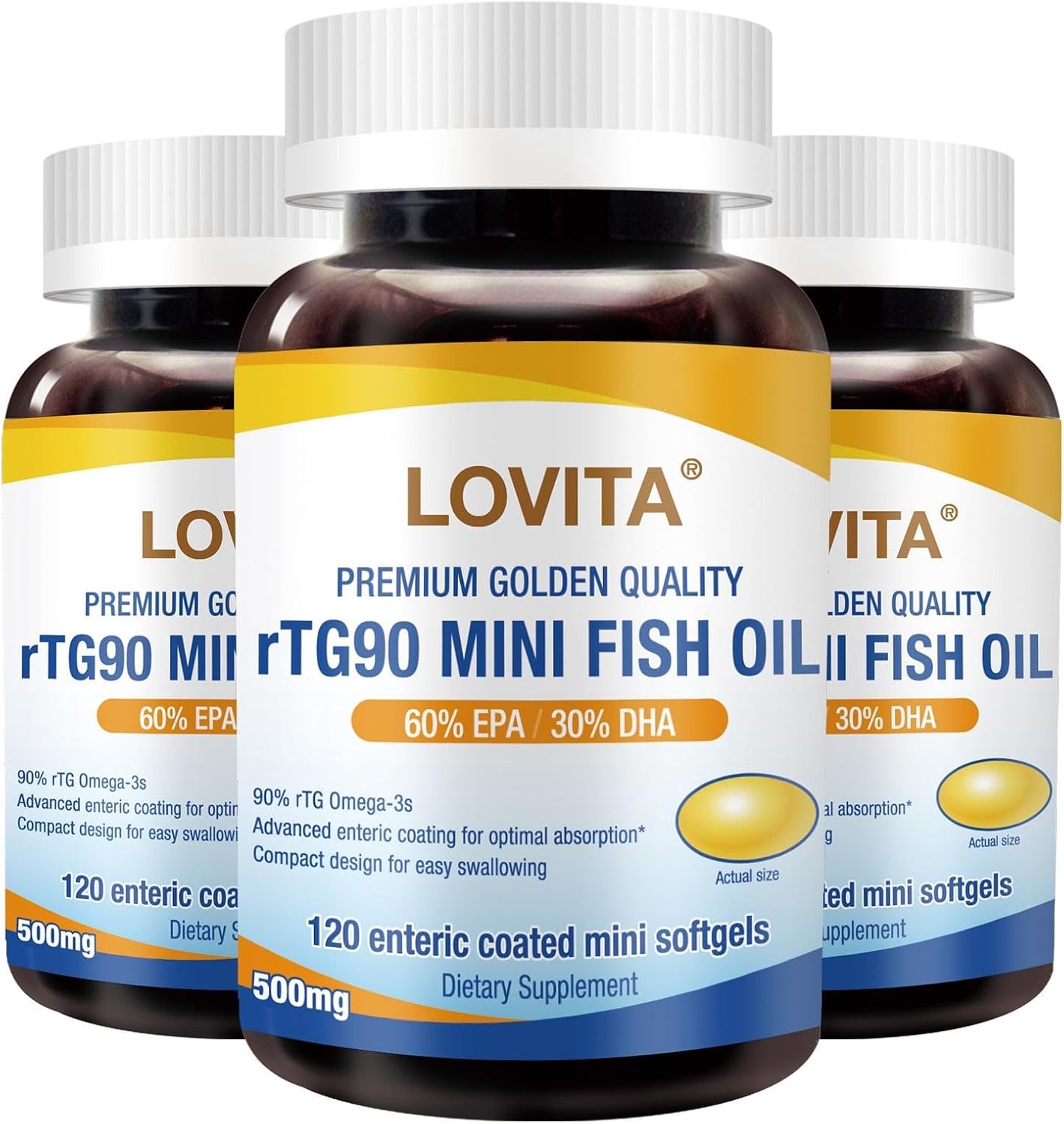Lovita rTG 90 Mini Fish Oil, 2000mg Daily| High Absorption rTG Form, 90% Omega-3 | Burpless, Easy to Swallow | Support Healthy Heart, Brain and Eyes | 120 Enteric-Coated Softgels (Pack of 3)