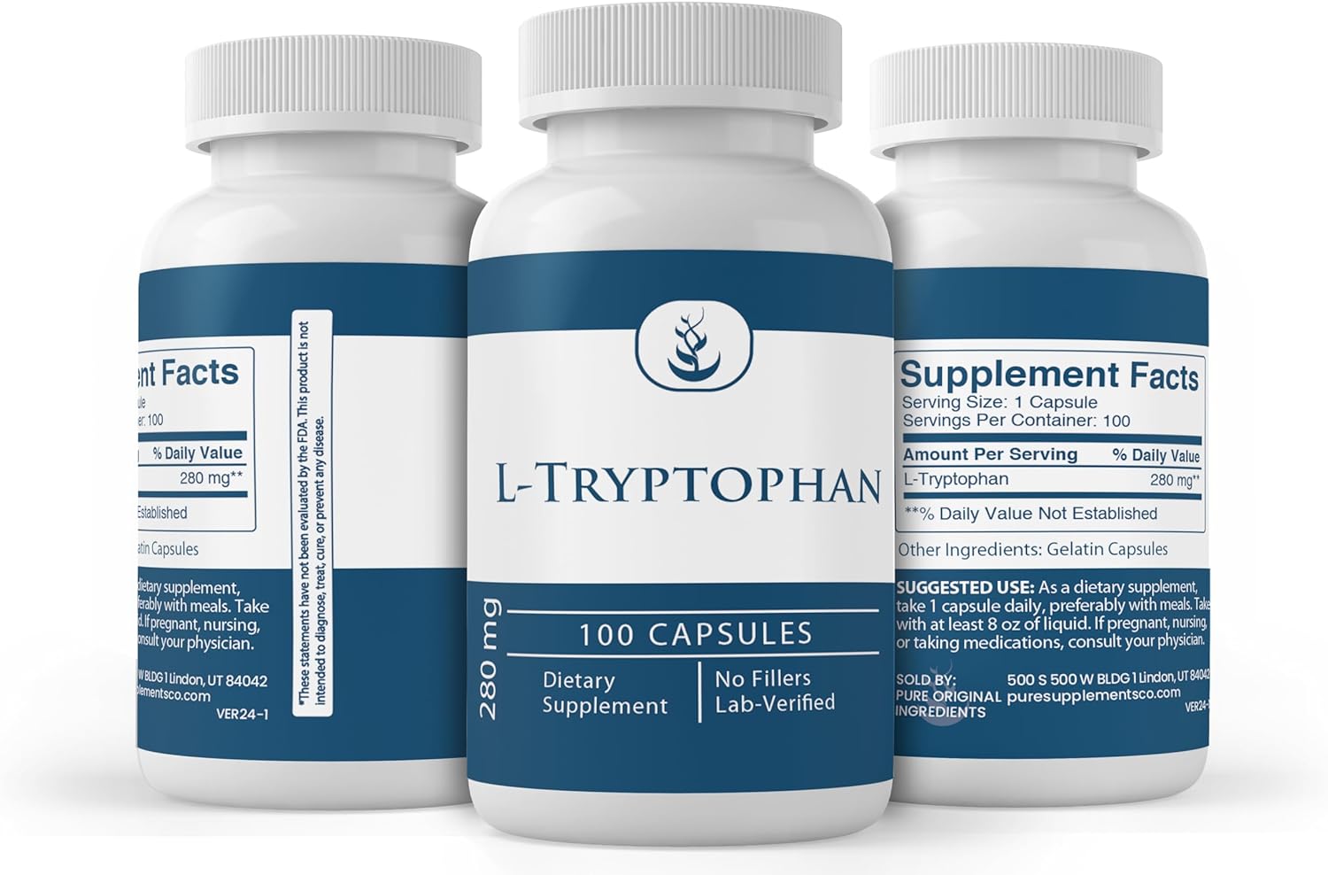 Pure Original Ingredients L-Tryptophan, (100 Capsules) Always Pure, No Additives Or Fillers, Lab Verified