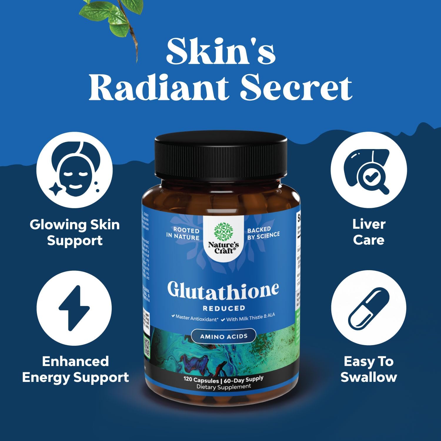 Reduced Glutathione Supplement with Milk Thistle - 1000mg per Serving Pure L Glutathione with Alpha Lipoic Acid & Milk Thistle Silymarin for Skin Radiance, Liver Support & Immune Support - 120 Count