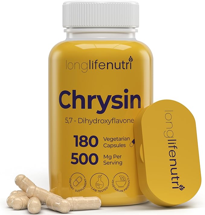 LongLifeNutri Chrysin 500mg – 180 Vegetarian Capsules, from Passion Flower, 5, 7-Dihydroxyflavone, Natural Antioxidant for Overall Wellness, 6-Month Supply, GMP Certified, Made in USA