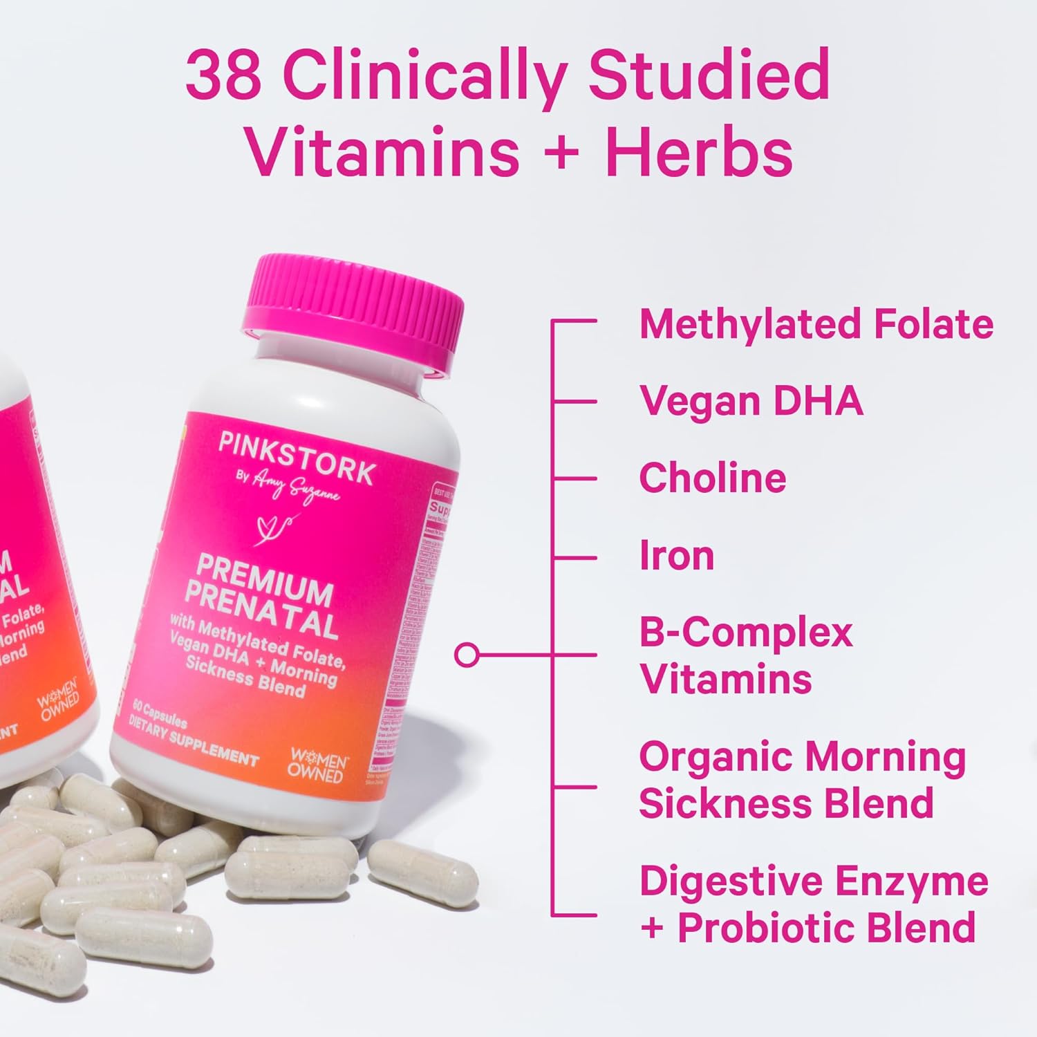 Pink Stork Premium Prenatal Vitamin for Women - Organic Whole-Food Ingredients, Multivitamin & Probiotics - Morning Sickness, Digestion, & Energy - Folate, B6, & Iron - 60 Capsules