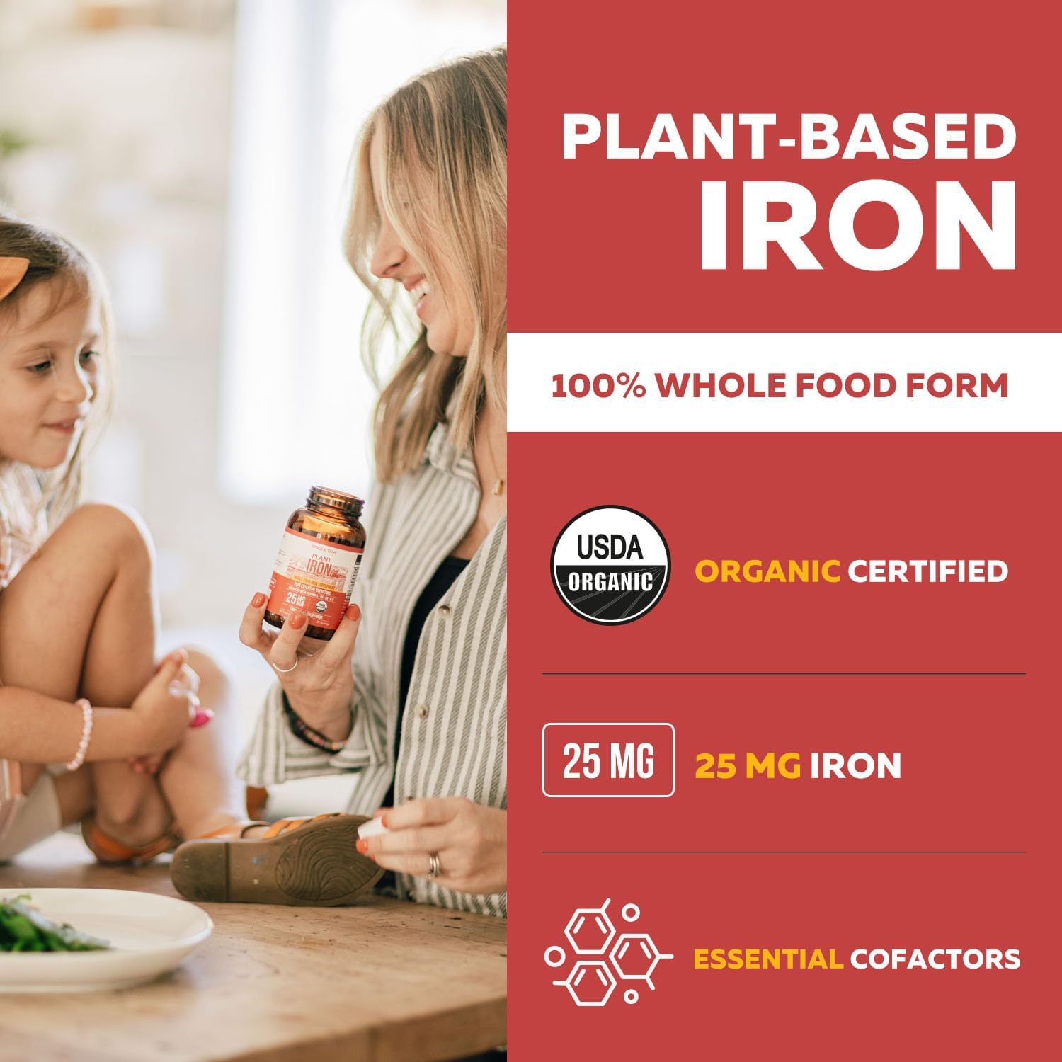 Organic Iron Supplement | Whole Food Iron & Cofactors, 25 mg Elemental Iron | Enhanced Absorption Plus Blood Builder Vitamins - Gentle Form - Support Healthy Iron Level & Blood Health - 90 Capsules
