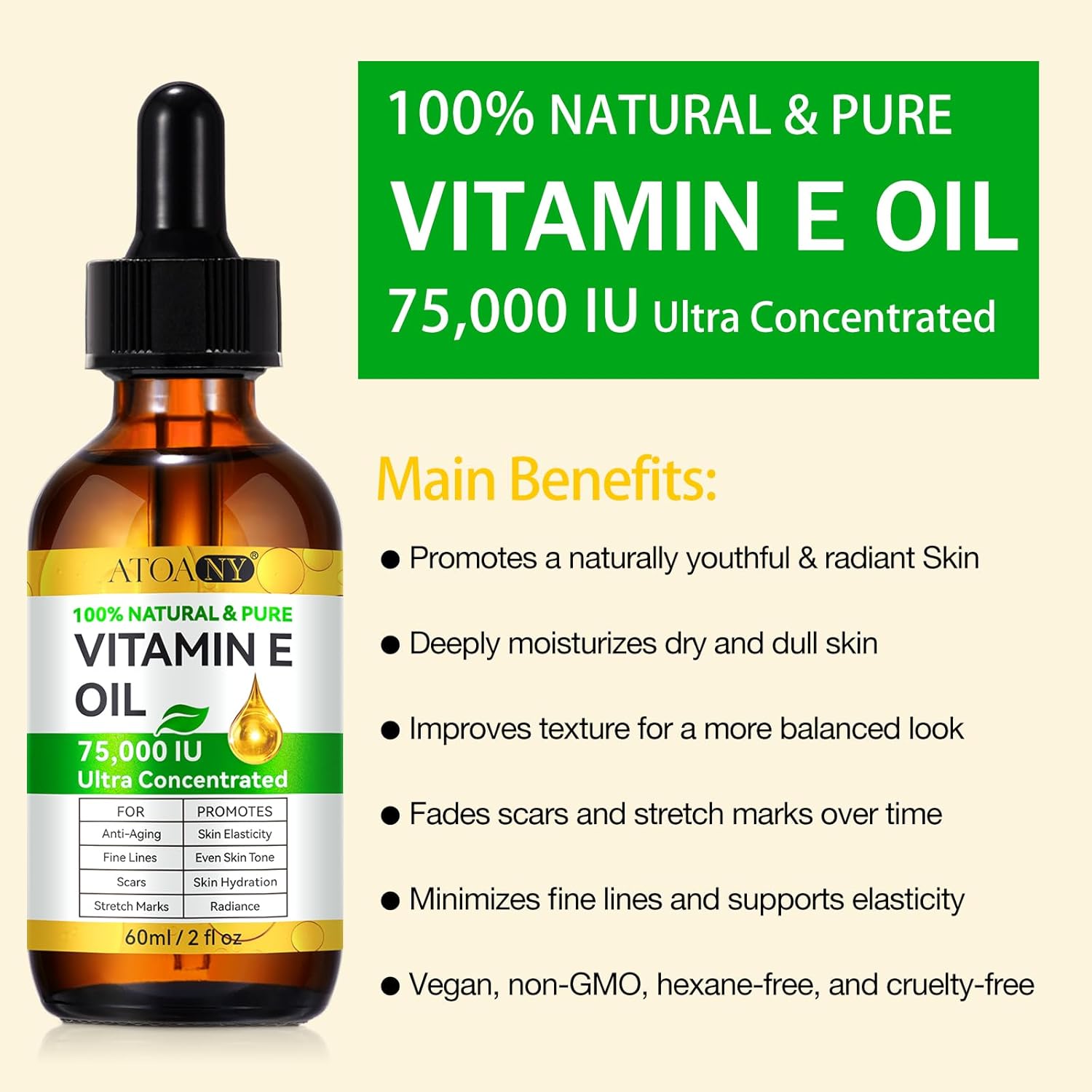 Vitamin E Oil,Natural Vitamin E Oil for Skin 75,000 IU, Organic Pure Vitamins E Oils for Skin Face,Body Bath Moisturizing and Winkles,Reduce Fine Lines & Scars 2Fl Oz
