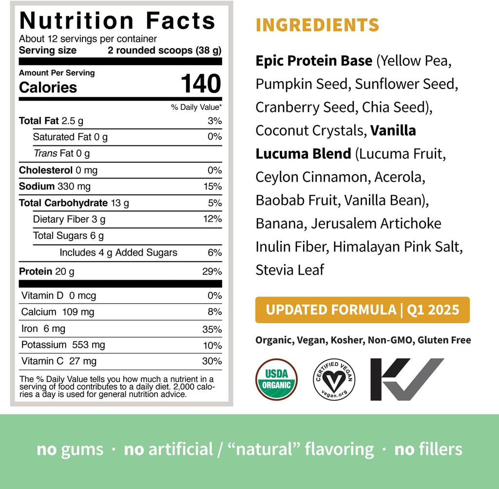 Sprout Living Epic Protein, Plant Based Protein & Superfoods Powder, Vanilla Lucuma Powder | 20 Grams Organic Protein Powder, Vegan, Non Dairy, Non-GMO, Gluten Free, Low Sugar (1 Pound, 12 Servings)