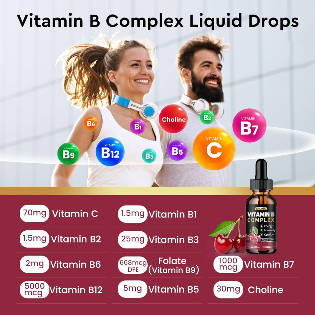 Vitamin B Complex Liquid Drops, B Vitamins Complex Supplement with B1, B2, B3, B5 B6, B7, B9 & Methyl B12 Drops for Adults & Kids, Vegan, Cherry Flavor