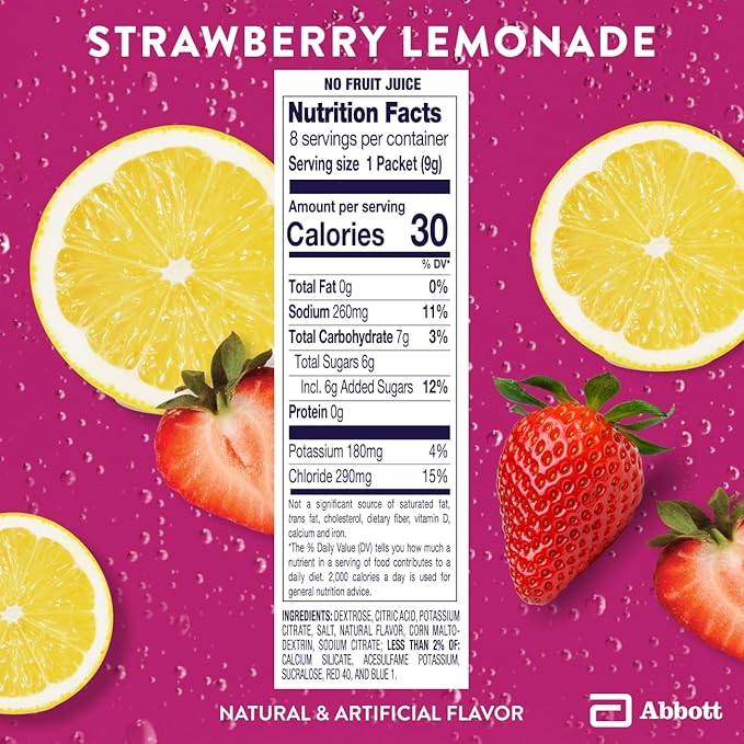 Pedialyte Electrolyte Powder | Hydration Drink for Kids & Adults | Strawberry Lemonade, 100 Powder Packets