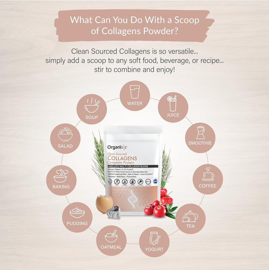 Organixx Collagen Peptides Powder with Vitamin C, Types I, II, III, V, X Hydrolyzed Collagen, Hair, Nail, Skin, Bone & Joint Health, Aging Support, Clean Sourced, Gluten Free, Unflavored, 20 Servings