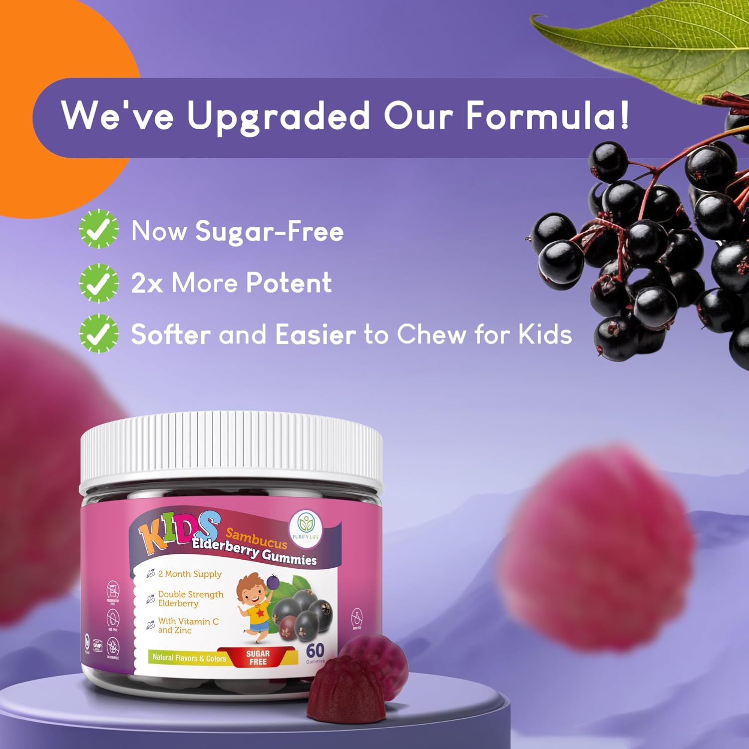 Purify Life Sugar-Free Kids Elderberry Gummies with Vitamin C & Zinc – Daily Immune Support Supplement for Children, Sambucus Antioxidant, Vegan, 60 Ct