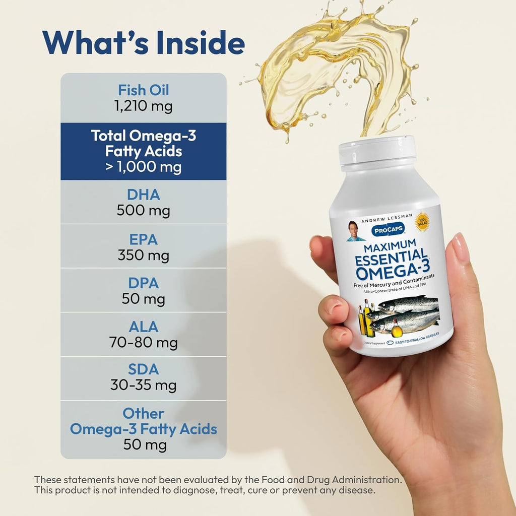 ANDREW LESSMAN Maximum Essential Omega-3 Unflavored, 30 Softgels - Ultra-Pure Omega-3 Fish Oil 1200 mg-High DHA, No Mercury Supplement-Small, Easy to Swallow Fish Oil Capsules