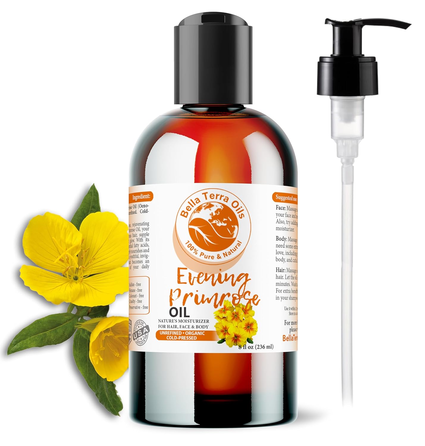 Bella Terra Oils - Organic Evening Primrose Oil 8 oz - Pure Primrose Extract, Enriched with GLA & Antioxidants, Perfect for Skin & Hair Nourishment