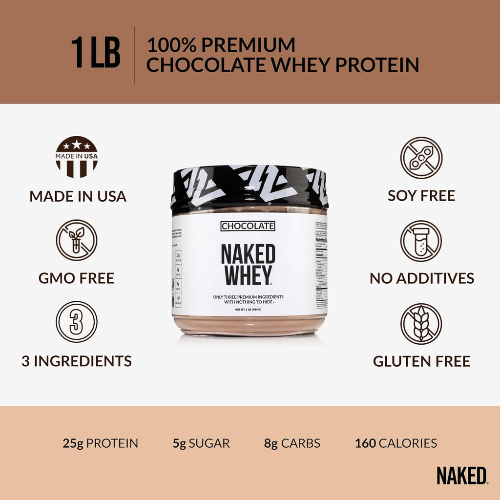 NAKED Chocolate Whey 1LB - All Natural Grass Fed Whey Protein Powder, Organic Cacao, and Coconut Sugar - No GMO, No Soy, and Gluten Free, Aid Growth and Recovery - 12 Servings