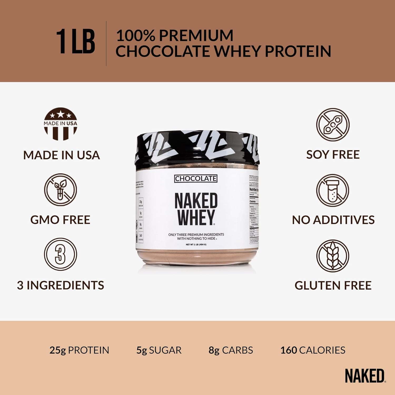 NAKED Chocolate Whey 1LB - All Natural Grass Fed Whey Protein Powder, Organic Cacao, and Coconut Sugar - No GMO, No Soy, and Gluten Free, Aid Growth and Recovery - 12 Servings