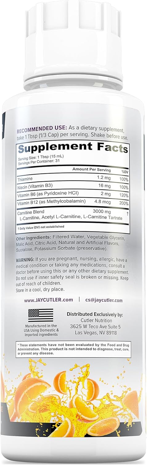 Cutler Nutrition Liquid L-Carnitine Supplement with Acetyl L-Carnitine & L-Carnitine Tartrate Forms - Pre Workout Formula for Optimal Absorption, Energy & Muscle Support, Buzz'in Orange Flavor