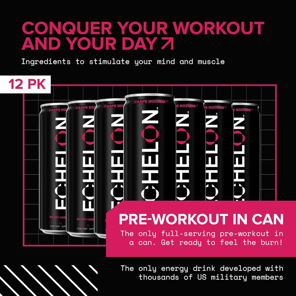 Echelon Pre-Workout Energy Drink | Berry Habanero | 12 Pack | Sustained Energy, Focus and Endurance Dietary Supplement | 300mg of Caffeine | Beta-Alanine, L-Theanine & Fiber | Vegan