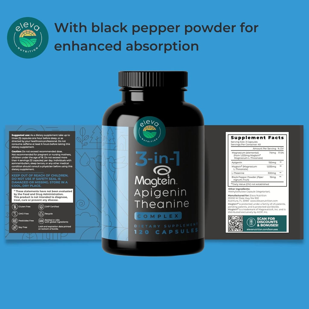 Magnesium Theanine L-Threonate Apigenin Supplement for Sleep Aid-3- in-1 Complex Supplement Support Relaxation- Melatonin-Free Magnesium- Zero Fillers- Gluten Free & Non-GMO-120 Count Veggie Capsules