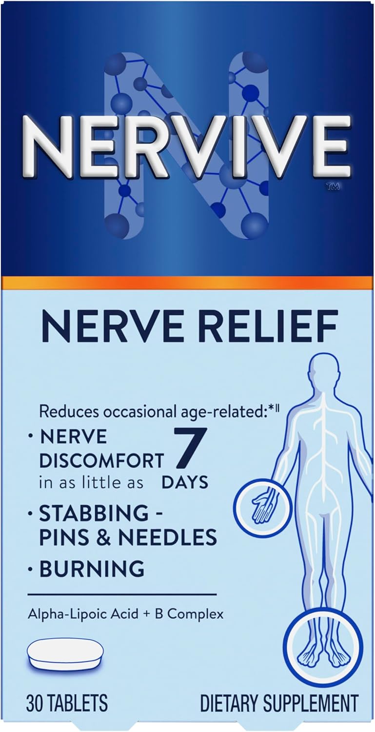 Nervive Nerve Relief, with Alpha Lipoic Acid, to help Reduce Occasional Nerve Discomfort in as Little as 7 Days, ALA, Vitamins B12, B6, & B1, Turmeric, Ginger, 30 Tablets (Packaging May Vary)