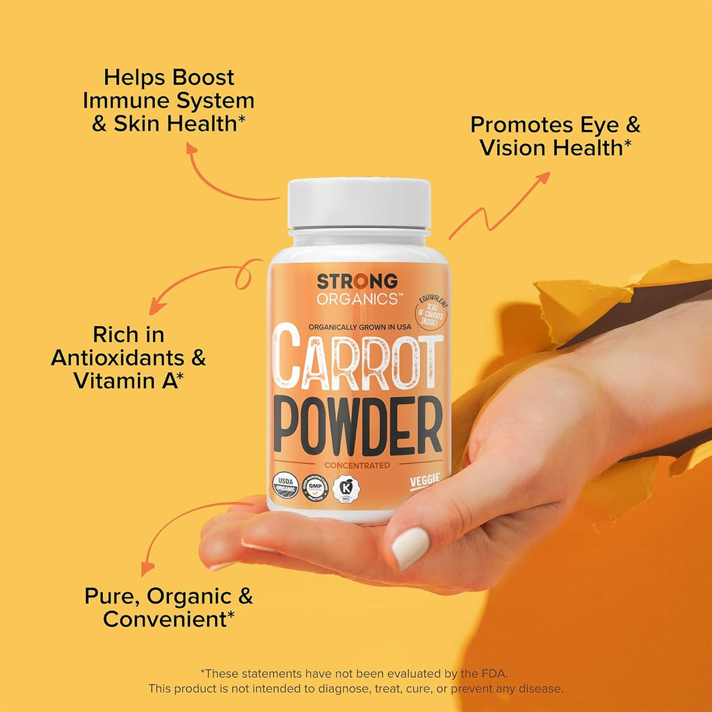 USDA Organic Carrot Powder Capsules (120), Grown in USA, Eye Support, Beta Carotene, Vitamin A, Carotenoids, Antioxidants,106°F Max, Vegan, Kosher-2 Months Supply