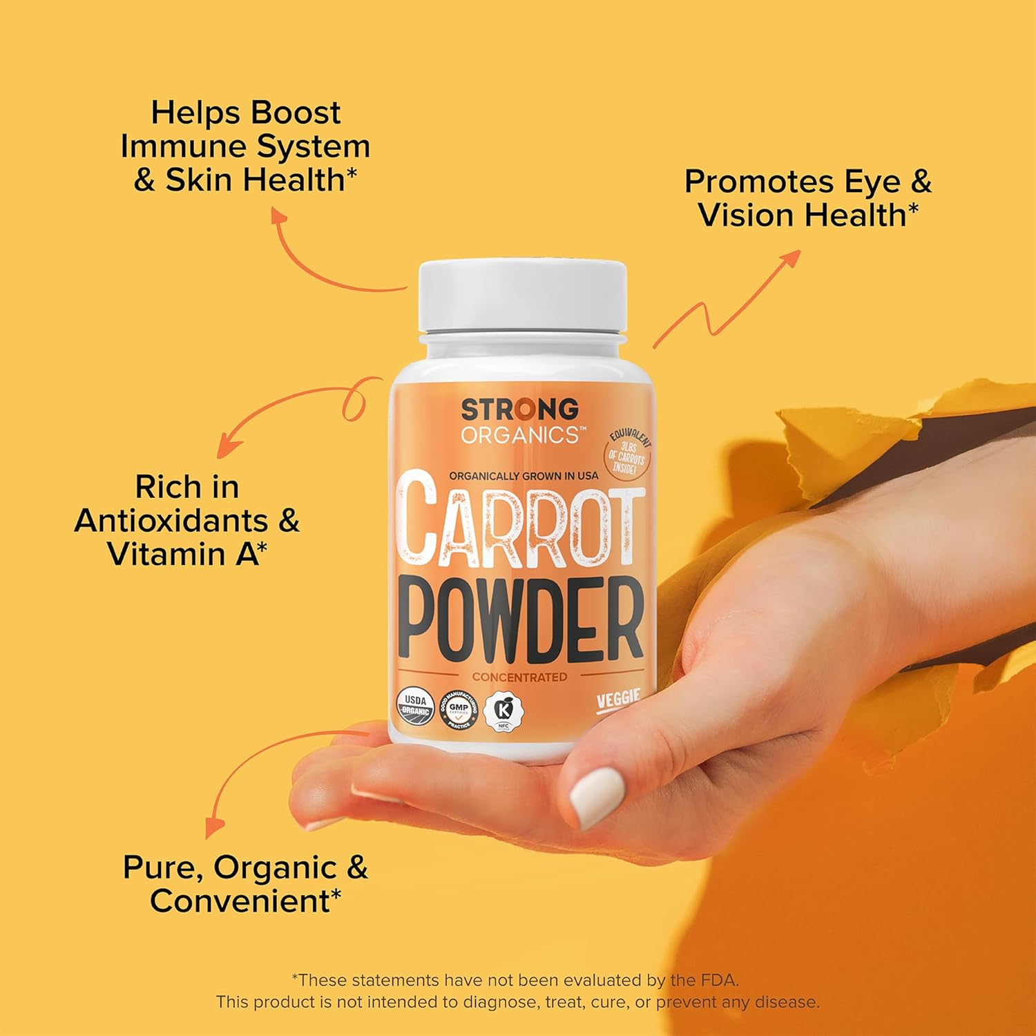 USDA Organic Carrot Powder Capsules (120), Grown in USA, Eye Support, Beta Carotene, Vitamin A, Carotenoids, Antioxidants,106°F Max, Vegan, Kosher-2 Months Supply