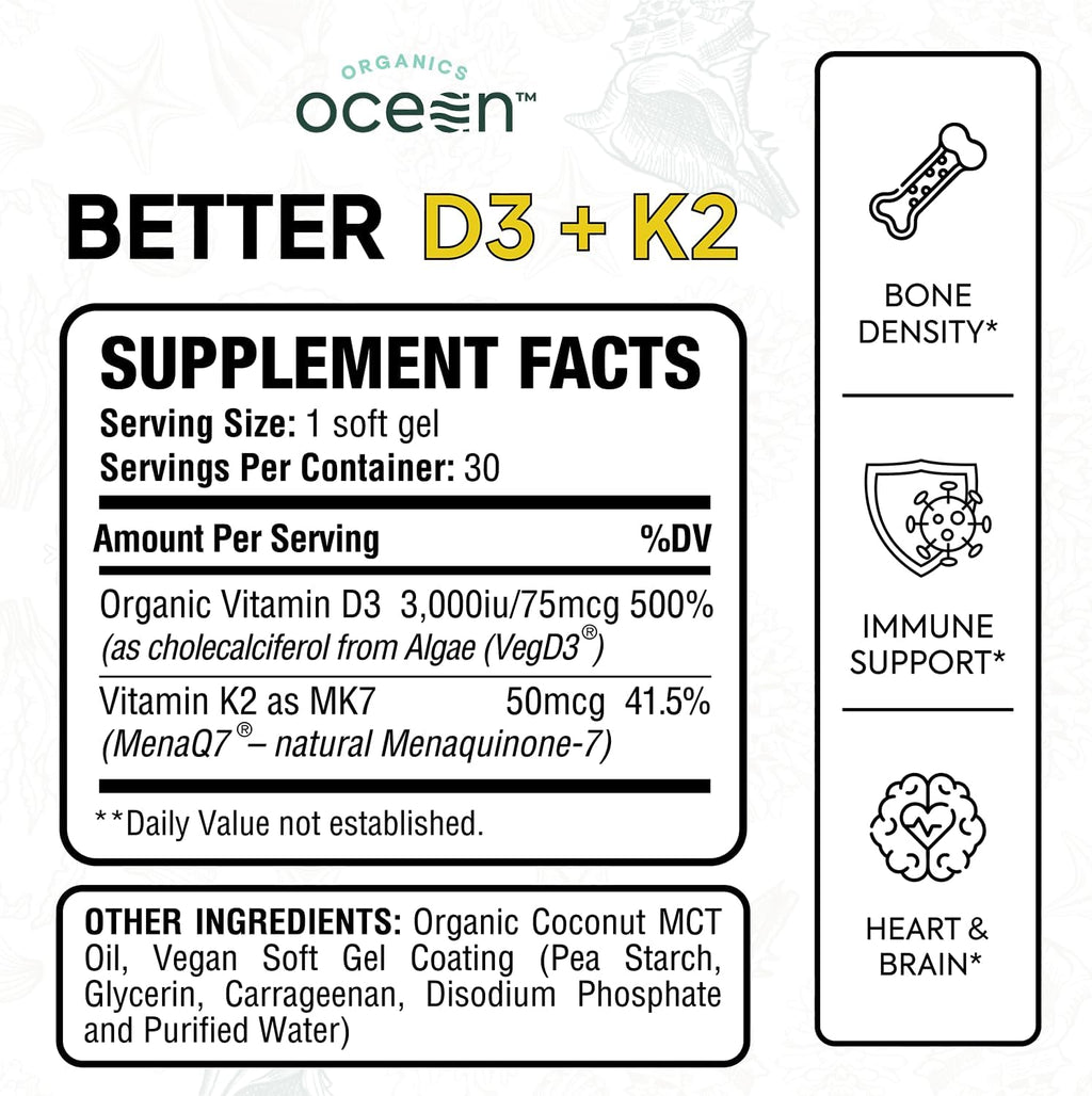 Better D3 + K2-100% Organic VIT D3 and K2 Supplements with Maximum Bioavailability - Supports Bone Density, Calcium Balance, Immunity & Mood - 1-Pack, 30-Day Supply