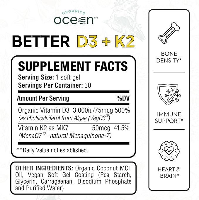 Organics Ocean Better D3 + K2-100% Organic VIT D3 and K2 Supplements with Maximum Bioavailability - Supports Bone Density, Calcium Balance, Immunity & Mood - 4-Pack, 120-Day Supply