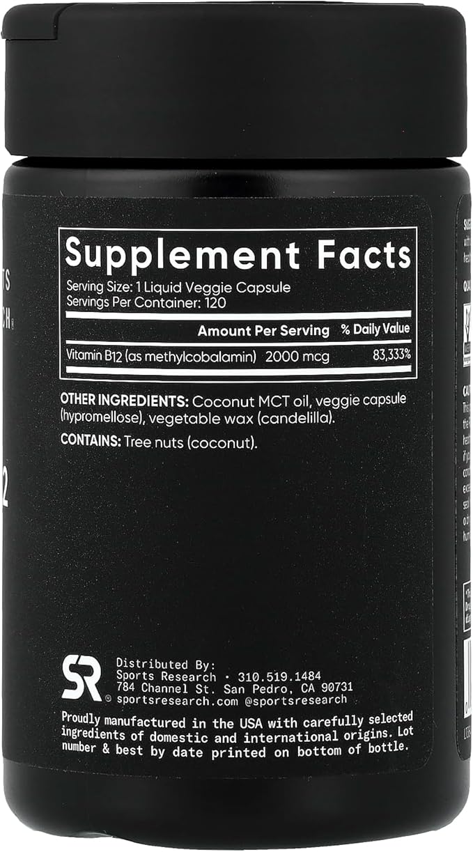 Sports Research® Vitamin B12 as Methylcobalamin 2000mcg - Plant Based B12 w/Coconut MCT Oil for Energy Metabolism Support - Vegan Certified · Non-GMO · Gluten Free - 120 Liquid Caps