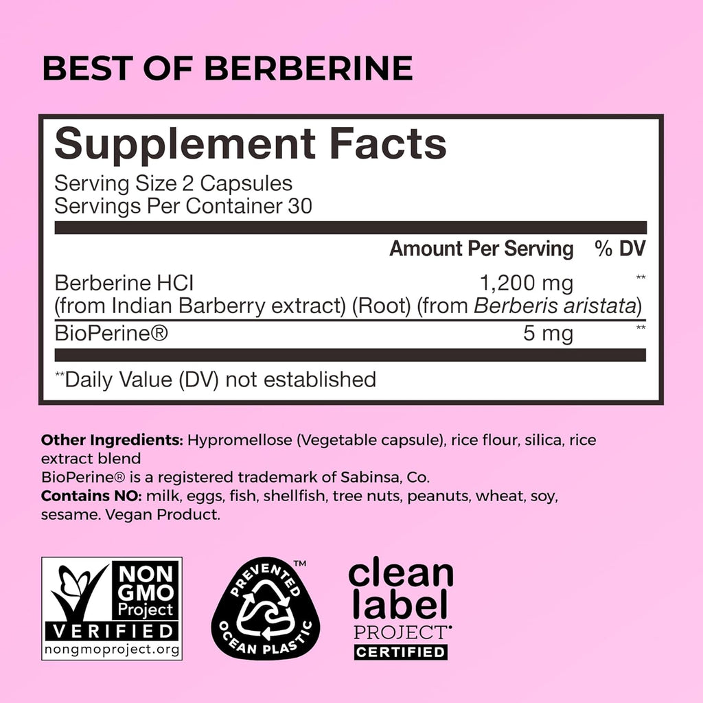 HUM Best of Berberine Supplement 1200mg, Pure Potency for Metabolic Wellness, Gut Health, Pure Berberine Supplements Enhanced with BioPerine for Maximum Absorption, 60 Capsules