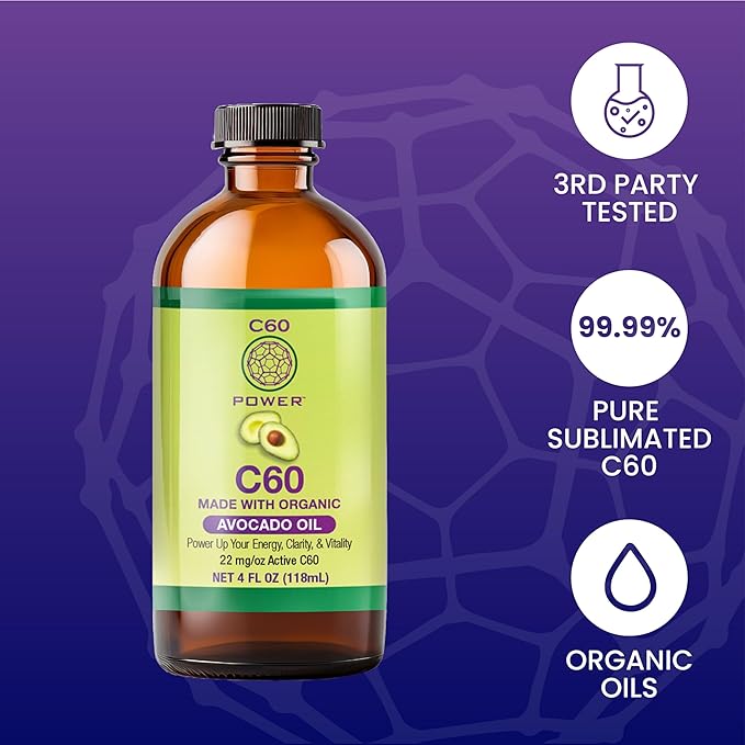C60 Power C60 in Organic Avocado Oil - Natural Wellness Support for Men & Women, 99.99% Pure Carbon Fullerenes, Promotes Energy, Mental Clarity, & Stamina - 4 fl oz Bottle
